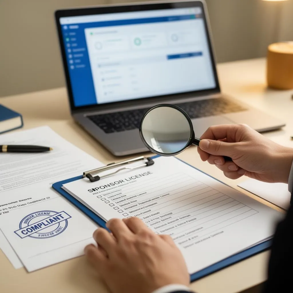 Compliance officer reviewing sponsor licence documents with a checklist and magnifying glass