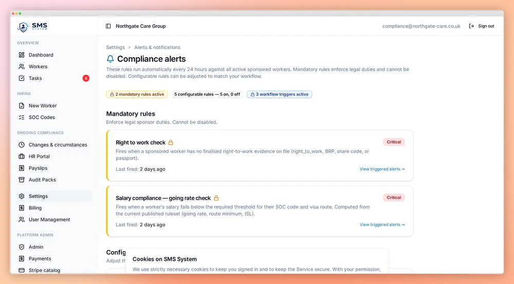 Automatic alerts for visa and CoS expiry deadlines